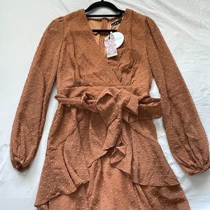 Caramel Ruffle Hem Dobby Chiffon Mini Dress